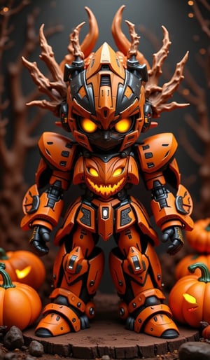 Highly deformed, bobble-head style diorama. A stunning photograph that embodies the Rococo Punk art style, featuring a specially painted SD Gundam in a Halloween pumpkin-colored theme. The darkness around the Gundam is illuminated by meticulous lighting from a soft box, capturing the intricate details with clarity. Mirroring Greg Rutkowski's stunning catalogue designs, this piece was a hit on Artstation and would be perfect for the cover of a high-end fashion magazine,Halloween_Figure