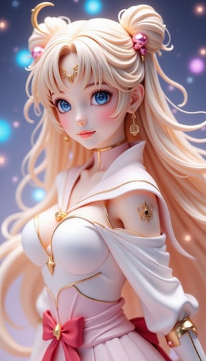 (Beautiful Japanese style figure diorama). Digital art photograph of Sailor Moon, rendered in 3D style with exquisite detail. The character's face is centered, gazing slightly to the left while capturing a serene yet determined expression. Her large, expressive blue eyes are accentuated by long eyelashes and framed by a pale pink blush on her pale skin. Her lips are slightly parted, revealing a subtle sheen. Her flowing pale blonde hair is styled into twin buns, with delicate strands framing her face and cascading down her back. A golden crescent-shaped headpiece adorns her forehead, featuring an intricate design with star-like elements on either side of the central moon symbol. Large circular earrings with moon-shaped pendants complement her outfit. Her outfit is a white sailor suit with shiny reflections and crimson accents, partially visible from under her cloak. A prominent pink ribbon adorns her chest. The background features a dreamy bokeh effect using a variety of colors, including blue, pink, purple and white, reminiscent of lights and stars, creating a cosmic atmosphere. The lighting is soft and diffuse, coming from the front left, casting gentle shadows and creating an ethereal glow around the hair and face while highlighting the character's facial features and accessories. ,VNS_Add details,cool_Anime,Resin Figure,masterpiece