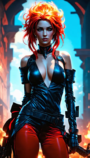 (Envision a stunning post-apocalyptic cyberpunk woman with a fiery red Iroquois hairstyle, clad in a black leather and metal outfit with a deep V-neck off the shoulder, her form entirely a biomechanical marvel. She embodies retro-futurism, presented in a half-body view, exuding femininity with a finely sculpted, detailed, and immaculate face, set against the backdrop of a grand modern cyberpunk palace, reminiscent of Luis Royo's style), Detailed Textures, high quality, high resolution, high Accuracy, realism, color correction, Proper lighting settings, harmonious composition, Behance works,majien