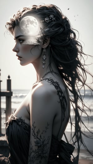 (Beautiful double exposure combining the silhouette of the maiden and the moonlit shore, the moonlit shore acts as a background and its details are incorporated into the maiden, crisp lines, the background is monochrome, sharp focus, double exposure, great full color), detailed textures, high quality, high resolution, high precision, realism, color correction, proper lighting settings, harmonious composition, Behance works,cool_Anime