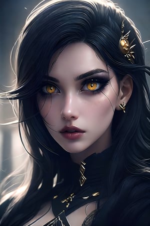 (white porcelain gothic woman upper body portrait, A girl alone, with long black hair, gazes at the viewer. Her yellow eyes are striking, lips slightly parted. She wears a hair ornament, and her makeup accentuates her eyelashes and the realistic portrayal of her features in this portrait), detailed textures, High quality, high resolution, high precision, realism, color correction, proper lighting settings, harmonious composition, Behance works,more detail, less detail,DarkTheme,GothGal,Niji