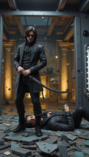 (Figure diorama that adds a cinematic sense of dynamism).Two characters stand out in an intense action scene set in a modern, minimalist interior with reflective glass walls and ceiling beams. The protagonist stands confidently in a sleek black suit consisting of a black jacket, matching trousers, shirt and tie, and black shoes with rugged soles. His shoulder-length dark hair frames his face, he wears slim Rodenstock sunglasses and looks into the camera with a look of stern concentration. In his right hand he holds tightly a curved silver samurai sword with a black handle, held horizontally so the blade reflects the light. His left hand is clasped close to his waist. The floor around him is covered with sharp shards of broken glass, creating an atmosphere of chaos. To the right of the protagonist lies a figure dressed in similarly dark clothing: a black leather jacket over a black shirt, black pants and black boots with rugged soles. The figure is lying on his back, holding a small knife or metal object in his right hand close to his head, and bruises and scratches are visible on his face and neck. His left arm is resting on the ground beside him. In the background is a large mirrored wall with a metal frame through which illuminated structures resembling columns and windows are visible, casting a warm yellow light on the scene. These reflections add depth and complexity to the setting, while also highlighting the high-tech nature of the location. The lighting is mostly dim artificial lighting from overhead, accentuating the dramatic atmosphere of the scene. The overall color palette includes dark slate gray, charcoal black, steel blue, midnight blue and golden yellow, contributing to a tense and suspenseful atmosphere typical of modern action films.,create figure 2,VNS_Add more details,Resin