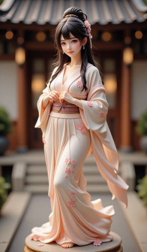 (Beautiful Japanese style figure diorama). One woman, solo, long hair, looking at viewer, smiling, blue eyes, black hair, hair accessories, jewelry, mouth closed, upper body, braids, earrings, outdoors, hair in bun, looking to side, leaves, Japanese kimono style dress, single hair in bun, Japanese architecture,SH,Resin Figure,masterpiece,cool_Anime,VNS_Add more details