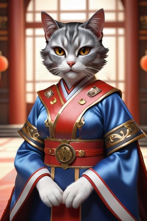 (Beautiful portrait, analog style, anthropomorphic cat wearing Diaochan's common costume, Diaochan's Three Kingdoms style common costume, central figure, symmetry, palace hall, wonderful proportions, gorgeous details, beautiful face, Hyperrealistic, Hyperdetail, Photorealistic, Octane Rendering, Hasselblad), Detailed Textures, High Quality, High Resolution, High Precision, Realism, Color Correction, Proper Lighting Settings, Harmonious Composition, Behance Works