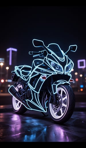 The silhouette of the Suzuki KATANA motorcycle is rendered in neon, with only the outline of the silhouette expressed. The colorless body is illuminated with neon tube lights, shining brightly with a neon intensity of 1.4, with the city night view as the background.