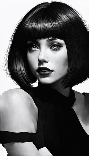 (High quality, sketch, realistic illustration, one girl, detailed lips, black dress, custom design, dark monochrome background, neon hair, textured cropping, masterpiece, retro classic style, noir dark art, sketchbook, black neon bob hair, bad woman, dark shadow. Imagine a stylish and classic-feeling artwork that combines these elements), detailed textures, High quality, high resolution, high precision, realism, color correction, proper lighting settings, harmonious composition, Behance works
