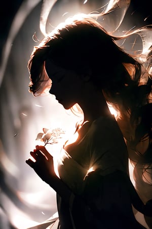 (Silhouette of a feminine figure engulfed by shadows, only her outline visible against a barely lighter dark background, radiating an aura of mystery, tendrils of darkness grasping, flowing hair blending into the abyss, chiaroscuro, high contrast, digital painting, dramatic lighting), Detailed Textures, high quality, high resolution, high resolution Accuracy, realism, color correction, Proper lighting settings, low noise, sharp edges, harmonious composition,1 girl,	 SILHOUETTE LIGHT PARTICLES