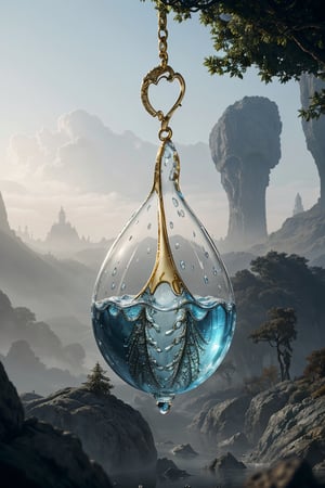 (Landscape miniature in a drop of water, a water drop with it then inside hanging from a tree branch, Beautiful and dreamy digital painting, sf, intricate artwork masterpiece, ominous, matte painting movie poster, golden ratio, trending on cgsociety, intricate, epic, trending on artstation, by artgerm, h. r. giger and beksinski, highly detailed, vibrant, production cinematic character render, ultra high quality model), Detailed Textures, high quality, high resolution, high Accuracy, realism, color correction, Proper lighting settings, harmonious composition, Behance works