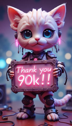 Super-deformed cat-like cyborg from the future holds a big neon sign in both hands that says "Thank you 90k!". The cyborg's eyes are very big and cute. The background is very detailed, cyberpunk style with a neon sign that says "Thank you". Detailed texture, high quality, high resolution, high precision, realism, color correction, good lighting settings, harmonious composition, Behance work, watercolor, text, text is "",VNS_Add more details,create figure 2