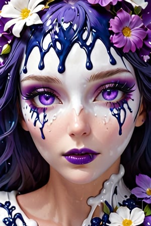 (Close-up shot of an amazingly beautiful woman, white and navy blue, bright purple covering her eyes, flowers made of icing melting over her eyes, amazing fantasy style), Detailed Textures, high quality, high resolution, high Accuracy, realism, color correction, Proper lighting settings, harmonious composition, Behance works