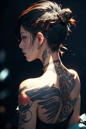 (With the theme of "Genshin & Tattoos", a beautiful back depicting an amazingly beautiful short-haired woman, high artistry with studio lighting, vivid colors, and deep depth of field), Detailed Textures, high quality, high resolution, high resolution Accuracy, realism, color correction, Proper lighting settings, low noise, sharp edges, harmonious composition,1 girl