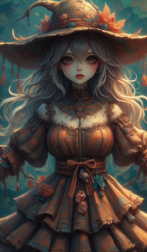 Generate fantasy character images of a creepy, yet beautiful female scarecrow with a horror fantasy theme. Images must be highly intricate, elegant, and visually striking, resembling a digital painting. Concept art must be highly detailed and flaunt beauty. Artwork will be created by highly skilled artists known for their attractive, high-quality models. Character designs will be created by Pascal Branshrutkowski, known for his hyper-realism. Images must be of the highest quality with cinematic lighting and 16K resolution. Great attention to symmetry will be used to make the characters mysterious and alluring. Artwork must be a masterpiece that displays total perfection and incredible attention to detail, including macro details, voluminous light, realistic reflections on surfaces, and ultra-detailed textures. Utilize cinematic effects to enhance the overall visual impact. For best quality, images must be sharply focused in UHD.,VNS_Add more details,oil painting