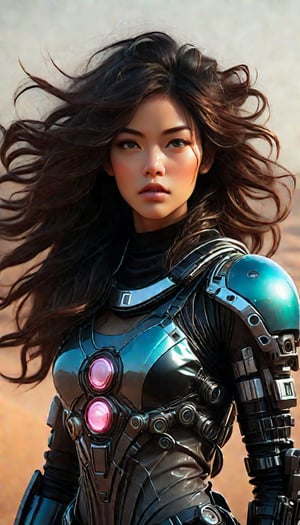 (A digital portrait of striking clarity, intricacy, and ornate detail, rendered dynamically in high quality. The style echoes the distinct aesthetics of Artgerm, Loish, Charlie Bowater, and Sara Tepes. It features a beautiful woman with a feminine allure, standing amidst a sandy desert. The scene is set against a backdrop of a futuristic eclipse, with geometric, chromatic, and biomechanical elements, evoking a science fiction and cyberpunk vibe. She is adorned in a casual attire that incorporates elements of latex, vinyl, plastic, glass, and LED lights, suggesting a cyborg or spacesuit influence), Detailed Textures, high quality, high resolution, high Accuracy, realism, color correction, Proper lighting settings, harmonious composition, Behance works,Cinematic,IMGFIX,ct-jeniiii