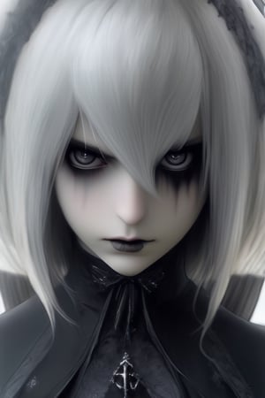 1girl, solo, long hair, bangs, blonde hair, dress, upper body, black eyes, grey eyes,goth person,,yorha2b