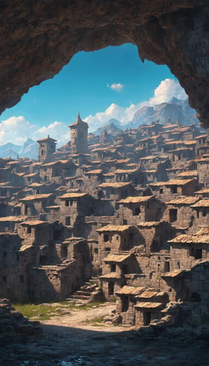 (Concept art depicting a city composed entirely of folded stone warehouse structures, meticulously sculpted from stone, with carvings on the cave-like walls, all details achieved with an astonishing level of stone craftsmanship, employing a triadic color scheme that showcases contrasting shades, a maximalist approach with a mandelbulb theme, textures that reveal depth and detail, color correction enhancing visual harmony, ambient lighting creating a balanced composition), Detailed texture, High quality, High resolution, High precision, Realism, Color correction, Proper lighting settings, Harmonious composition, Behance Works,FuturEvoLabStyle