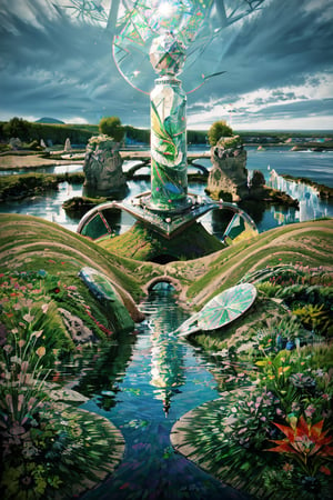 (Strange landscape, Edvard Munch & Salvador Dalí style, sharp contrasts, greenery and water, kaleidoscope light), (photorealistic:1.4), Detailed Textures, high quality, high resolution, high Accuracy, realism, color correction, Proper lighting settings, harmonious composition, Behance works, ,Raw Photo,no_humans