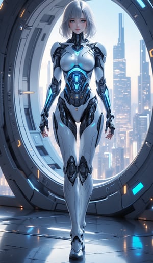 Stylish knee-shot. A highly detailed futuristic cyborg woman stands in a metallic, high-tech environment, with visible mechanical parts integrated into her body. The cyborg has sleek robotic limbs and a transparent torso through which the intricate machinery and glowing parts are visible. Her posture is graceful and confident, while a futuristic cityscape unfolds outside the window. The lighting is soft and reflects off the metallic surfaces, and the overall color tone is in shades of chrome, silver and blue. The scene exudes a high technology and sci-fi aesthetic inspired by cyberpunk themes.anime,Mecha