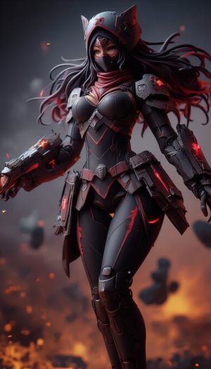 Ultra-detailed figure. The dynamic digital artwork depicts a female ninja character moving about in an action-packed scene, positioned slightly right of center. She wears a sleek black hooded outfit with red accents, a form-fitting design with strategic cutouts and metallic details. The outfit includes a skin-tight black bodysuit with narrow V-shaped cutouts that reveal some skin. Her forearms are adorned with red glowing accent lights and intricately designed metal armguards, and her mouth and nose are covered by a black mask, so only her piercing eyes are visible. A red "X" symbol is emblazoned in the center of her forehead, and a red scarf or bandana is wrapped around her head. Her long black hair is swept dramatically back, suggesting quick movement. The character's right arm is extended forward, and on her left hand she holds a metal gauntlet with a glowing red gem or power source, emphasizing the futuristic theme. The background is blurred, and the warm amber hues from the lighting and scattered glowing orange specks resembling embers and sparks add depth and power to the scene. The lighting is dramatic, with soft highlights creating a high-contrast effect that accentuates the texture and detail in her outfit. The overall atmosphere is intense and mysterious, further enhanced by the image's high contrast, medium saturation and balanced exposure. The color palette includes midnight blue, jet black, crimson red, steel gray and amber yellow, contributing to a dark fantasy theme with a strong sense of action and heroism.,create figure 2