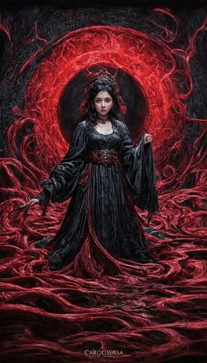 (The surreal city of Carcosa emerges, its essence woven with motifs of cybersecurity, alive with the memes of data streams, all moving dynamically and fluidly. It's a world painted in stark reds and blacks. At its heart, a vintage goddess dressed casually, her curious eyes peering from within a circle. The artistry, reminiscent of Yoji Shinkawa's style, reveals an ancient Chinese wonderland turned on its head, a place where parallel realities merge without a seam.), Detailed texture, High quality, High resolution, High precision, Realism, Color correction, Proper lighting settings, Harmonious composition, Behance Works,FuturEvoLabStyle