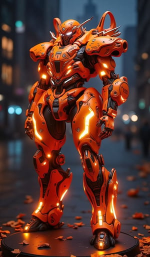 Mobile suit, Halloween pumpkin coloring, unique design like no other, 🎃, LED light outlines on each joint, background of futuristic city night view, Halloween_Figure