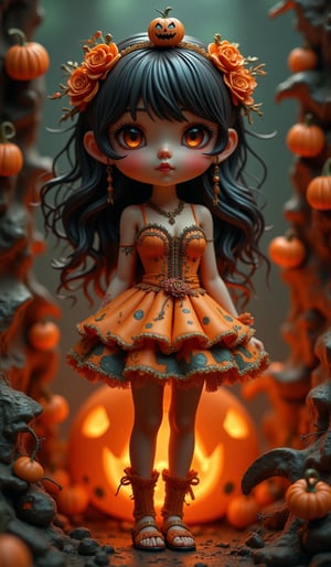 Super deformed, bobblehead style figure diorama. A stunning photo embodying the Rococo-punk art style, featuring a Caucasian model elegantly dressed in a Halloween pumpkin themed mini dress. The darkness surrounding her is illuminated by meticulous lighting from a softbox, capturing every intricate detail in vivid detail. Reflecting Greg Rutkowski's outstanding catalogue designs, this piece has been a hit on Artstation and would be perfect for the cover of a high-end fashion magazine,Halloween_Figure,Highly detailed Halloween style figure