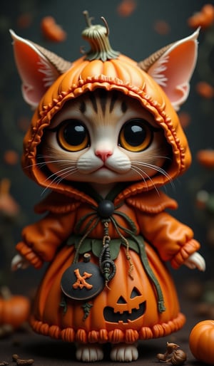 Highly deformed, bobblehead-style figurine diorama. A stunning photograph that embodies the rococo-punk art style, featuring a very large, wide-eyed cat in a Halloween pumpkin-themed outfit. The darkness surrounding the cat is illuminated by meticulous lighting from a soft box, capturing the intricate details in sharp detail. Mirroring Greg Rutkowski's brilliant catalogue designs, this piece was a hit on Artstation and would be perfect for the cover of a high-end fashion magazine,Halloween_Figure