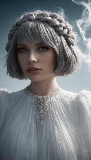 ((On a radiant, cloudless day, a woman with a stunningly beautiful face and short gray hair, intricately styled in braids, stands before us. Her attire, pristine white, contrasts elegantly against the vibrant backdrop. The image, a remarkable collaboration between Alex Ross and Albert Watson, is a captivating photograph that exudes an ethereal atmosphere. Every detail is impeccably captured, from the delicate wisps of smoke swirling around her, adding a sense of mystery, to the impeccable lighting that casts a celestial glow upon her exquisite features. This striking image epitomizes sheer perfection, showcasing the artistic mastery of both Ross and Watson), Detailed Textures, high quality, high resolution, high Accuracy, realism, color correction, Proper lighting settings, harmonious composition, Behance works,cocoart,ek_art_b00ster