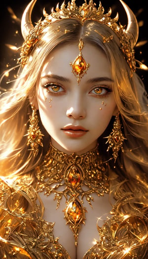 (The image portrays the face of a woman adorned in demon attire, rendered in shades of light gray and light gold. It's a vibrant illustration with intricate sculpting and hyper-realistic detail. The portrait, set in a palette of white and amber, embodies the queencore aesthetic, capturing a wide spectrum of colors. The artwork is dramatic, dynamic, and cinematic, with sharp details and a quality, resolution, and detail that are nothing short of insane. It is a masterpiece at 32k resolution), Detailed Textures, high quality, high resolution, high Accuracy, realism, color correction, Proper lighting settings, harmonious composition, Behance works,1 girl,Detailedface