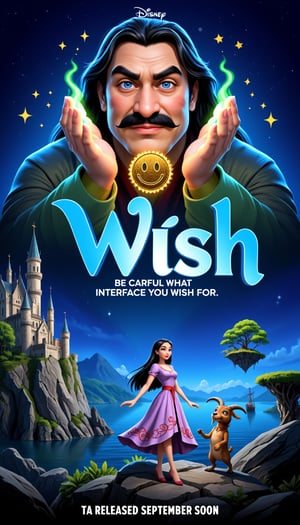 A vivid and magical movie poster for the parody Disney animated film "Wish". The background is a deep blue midnight sky dotted with countless twinkling stars, creating a celestial atmosphere. At the top center, a larger-than-life animated character with dark hair, vibrant blue eyes, thick eyebrows, and a mustache is depicted, holding a glowing gold smiley face pendant between his hands. His hands are surrounded by vibrant neon green magical energy that resembles flames or tendrils. Glittering trails of gold particles emanate from his hands and arc around the title text. In the top left of his face, the text "BE CARFUL WHAT INTERFACE YOU WISH FOR." appears in white bold capital letters. Below that, the Disney logo is written in a blue classic script font. The title "WISH" appears prominently in large, stylized sky blue letters with a slight gradient, each letter is outlined in gold, and the "I" contains a small star at the top. A young woman with long, straight dark hair stands confidently at the bottom center wearing a flowing lavender dress with intricate red embroidery near the hem and a crimson belt tied in a bow. Her right arm is raised as if reaching for the sky, while her left arm is slightly bent at the elbow. A small, brownish-yellow, anthropomorphic goat-like creature with large, expressive eyes and drooping ears stands next to her, looking up at her. They stand on craggy rocks with intricate textures. Surrounding them are circular trails of shimmering gold particles, resembling sparkling dust or magical energy. To the left is an elaborate Gothic castle perched on the edge of a cliff overlooking a calm body of water where a small sailing ship is anchored. To the right, a unique floating island with lush vegetation and large gnarled trees complement the fantastical background. The entire composition is centered, with high contrast and vibrant colors evoking a sense of wonder and enchantment. At the bottom there is additional text in bold white capital letters stating "TA Released September Soon."