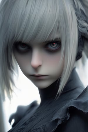 (1girl, solo, long hair, bangs, blonde hair, dress, upper body, black eyes, grey eyes, goth person, yorha2b), Detailed Textures, high quality, high resolution, high Accuracy, realism, color correction, Proper lighting settings, harmonious composition, Behance works