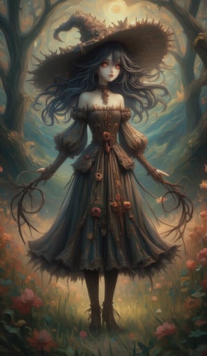 Generate fantasy character images of a creepy, yet beautiful female scarecrow with a horror fantasy theme. Images must be highly intricate, elegant, and visually striking, resembling a digital painting. Concept art must be highly detailed and flaunt beauty. Artwork will be created by highly skilled artists known for their attractive, high-quality models. Character designs will be created by Pascal Branshrutkowski, known for his hyper-realism. Images must be of the highest quality with cinematic lighting and 16K resolution. Great attention to symmetry will be used to make the characters mysterious and alluring. Artwork must be a masterpiece that displays total perfection and incredible attention to detail, including macro details, voluminous light, realistic reflections on surfaces, and ultra-detailed textures. Utilize cinematic effects to enhance the overall visual impact. For best quality, images must be sharply focused in UHD.,VNS_Add more details,oil painting