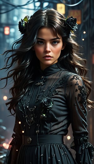 (A beautiful young woman with long dark hair wears a long sleeved, high necked black dress. There are black roses around her and also black roses in the background. This image is a highly detailed, high quality, surreal masterpiece photography featuring sharp focus, light emitting diodes, smoke, cannons, sparks, racks, system units and motherboards. It is inspired by the surrealist paintings of Pascal Blanche, Rutkowski-Lépin and Art Station, detailed character design concept art, matte paintings and a Blade Runner-esque aesthetic in 4K resolution.), Detailed Textures, high quality, high resolution, high Accuracy, realism, color correction, Proper lighting settings, harmonious composition, Behance works,Cinematic,IMGFIX,ct-jeniiii