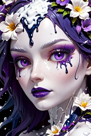 (Close-up shot of an amazingly beautiful woman, white and navy blue, bright purple covering her eyes, flowers made of icing melting over her eyes, amazing fantasy style), Detailed Textures, high quality, high resolution, high Accuracy, realism, color correction, Proper lighting settings, harmonious composition, Behance works