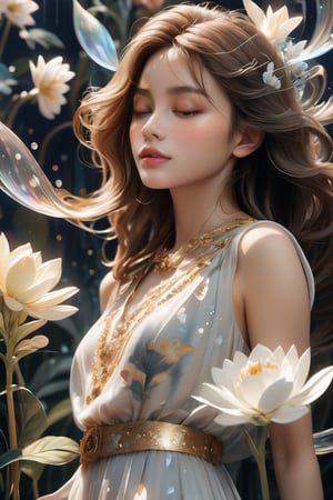 (A girl with a glass-like figure, her hair sparkling with shimmering strands, wears a dress that seems to be made of ethereal plastic. Her complexion is an ethereal white, set off by striking makeup, and she is surrounded by a floral tapestry soaked in soft colors. This creates an atmosphere of dreaminess, with surrealism captured with fine precision, all depicted through 3D and octane rendering techniques), detailed textures, High quality, high resolution, high precision, realism, color correction, proper lighting settings, harmonious composition, Behance works,1 girl,more detail 