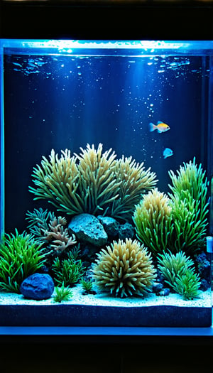 (Imagine a fish aquarium painted on a wall with a modern texture, featuring miniature corals and a small palace, complemented by an air bubbler creating tiny bubbles. This scene is further enhanced with delicate plants and a variety of small, colorful fish, all centered around a prominent coral palace), Detailed Textures, high quality, high resolution, high Accuracy, realism, color correction, Proper lighting settings, harmonious composition, Behance works,majien