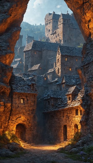 (Concept art depicting a city composed entirely of folded stone warehouse structures, meticulously sculpted from stone, with carvings on the cave-like walls, all details achieved with an astonishing level of stone craftsmanship, employing a triadic color scheme that showcases contrasting shades, a maximalist approach with a mandelbulb theme, textures that reveal depth and detail, color correction enhancing visual harmony, ambient lighting creating a balanced composition), Detailed texture, High quality, High resolution, High precision, Realism, Color correction, Proper lighting settings, Harmonious composition, Behance Works