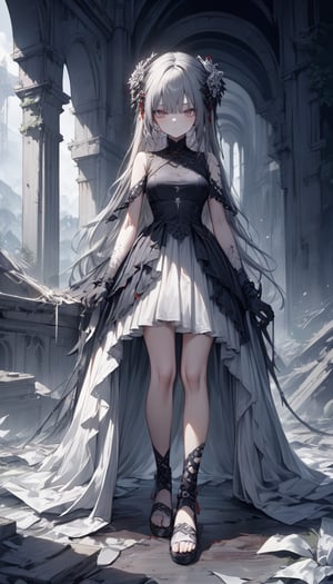 (A striking image reminiscent of Gothic aesthetics, a figure standing in a desolate landscape, this 2B android from the YoRHa series has been ravaged by time and decay, exuding an aura of somber elegance. A very beautiful face with a melancholic expression, every pixel depicting intricate details. Her hair cascades over her pale, porcelain skin, contrasting vividly with her blood-red eyes, filled with equal parts sadness and determination. A work of digital art, the perfect balance between eerie charm and ethereal beauty, feast your eyes on the melancholy existence of a stoic android in this haunting and exquisite depiction), Detailed Textures, high quality, high resolution, high Accuracy, realism, color correction, Proper lighting settings, harmonious composition, Behance works,large-eyed 