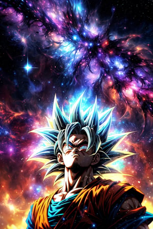 (Son Goku in his Super Saiyan Blue form looking up at the sky with a gentle expression, Nebula Galaxy background), Detailed Textures, high quality, high resolution, high Accuracy, realism, color correction, Proper lighting settings, harmonious composition, Behance works,1 girl