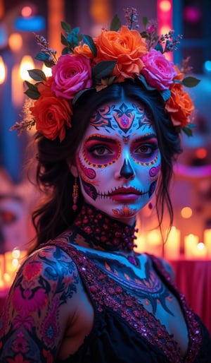 Vibrant sugar skull makeup for Halloween, inspired by Día de los Muertos. A female model with her face painted in intricate, colorful patterns resembling a skull, with roses and marigolds woven into her hair. The background is filled with glowing candles, skulls, and festive decorations. Bright blues, pinks, and oranges dominate the color palette. The overall atmosphere is festive, yet slightly eerie, with a blend of traditional Mexican elements and a celebratory mood.VNS_Add more details,Halloween makeup,cool_Anime