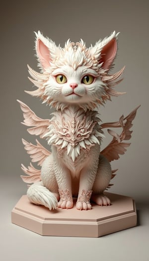 This digital art piece presents a full-body polymer clay sculpture of a cat, boasting an extraordinary level of detail. The cat features a fluffy fur texture and is adorned with glittering filigree elements that add a touch of fantasy. The artwork, influenced by the styles of Craola, Jasmine Becket-Griffith, and Cyril Rolando, is a concept model that stands out with its centered and perfect composition. The complex pose of the cat, combined with the intricate design details, creates a bright and dynamic visual experience. The sculpture is displayed on a hexagonal stand against a neutral board background, resembling a professional studio photograph, KAWAII, visionary art style