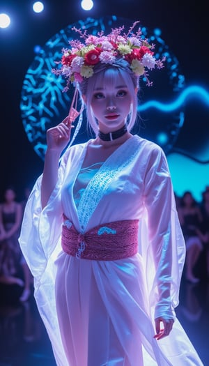 In the heart of a futuristic fashion runway, a stunning Caucasian woman takes center stage, embodying a harmonious blend of tradition and futurism. Draped in a traditional Japanese kimono, the ensemble is reimagined with a modern twist, crafted from a translucent fabric that radiates a soft glow. The kimono boasts expansive, fluid sleeves, a gracefully tied obi sash, and a sweeping floor-length skirt. Embedded within the fabric are delicate LED patterns that come to life, depicting iconic Japanese motifs—cherry blossoms, undulating waves, majestic cranes, and sturdy bamboo. Adding to the garment's allure is a complex, asymmetric blue pattern, ethereal in its appearance, casting a luminous projection across the outfit. Her platinum blonde hair, cut with precise bangs, is woven into an elaborate braided style, showcasing a diamond weave interspersed with slender plaits. A statement choker encircles her neck, while a vibrant floral headdress, brimming with a spectrum of blossoms, crowns her visage. In her grasp, she holds a traditional Japanese fan, the final touch to this captivating fusion of past and future.,neon_glow