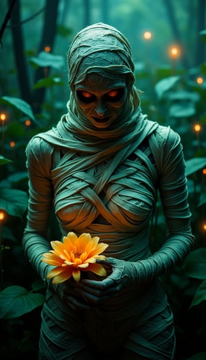 Mysterious and attractive female mummy, covered with very intricate bandages all over her body. Fantasy garden with glowing plants, exquisite detail, super sharp, exquisite details, perfect composition, vibrant colors, eerie, masterpiece, soft texture, aidmaabdhr