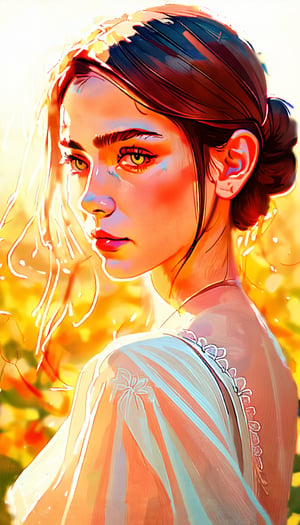 (8k, best quality, masterpiece:1.2),(best quality:1.0), (ultra high resolution:1.0), watercolor, beautiful woman, shoulder, hair ribbon, Agnes Cecil, half-body portrait, very bright light design, pastel colors, (ink:1.3), autumn light), detailed texture, high quality, high resolution, high accuracy, realism, color correction, proper lighting settings, harmonious composition, Behance work