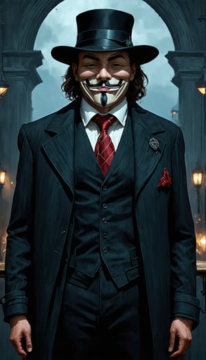 (The character V from the 2003 film "V For Vendetta," as envisioned by artists Ian McQue and Simon Stalenhag in the style of the 1920s, would be depicted with perfect symmetry and cinematic lighting that creates an atmospheric, intricate, and elegant scene. This highly detailed digital painting would be rendered in 8k resolution with post-processing to enhance its sharp focus and illustration quality, making it a piece that could trend on Pinterest or feature in Harper's Bazaar as a piece of concept art, akin to the works of Artgerm and Tom Bag), Detailed texture, High quality, High resolution, High precision, Realism, Color correction, Proper lighting settings, Harmonious composition, Behance Works