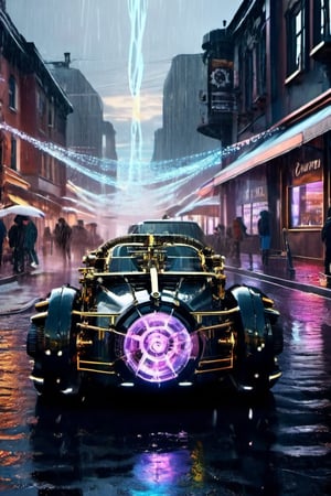 (Cyber steampunk car. aurora headlights. A thin neon line on the car body. The city at dusk. A world-famous design image that defies the laws of physics. Advanced artificial intelligence systems that blur the line between human consciousness and cybernetics. Travel to the end of time and the thermal death of the universe and the collapse of all matter and energy. 3D rendering, cybernetic realism, surreal photography with an isometric center on the cover, and an amazing full-color dark urban atmosphere drenched in rain.), Detailed Textures, high quality, high resolution, high Accuracy, realism, color correction, Proper lighting settings, harmonious composition, Behance works,c_car,science fiction,Concept Cars,DonMSt34mPXL