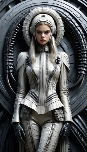 (Works by H.R. Giger, Draw a beautiful woman modeling for the "CHANEL" brand, a matching pose, a matching effective background), Detailed Textures, high quality, high resolution, high Accuracy, realism, color correction, Proper lighting settings, harmonious composition, Behance works,Cinematic,IMGFIX,ct-jeniiii
