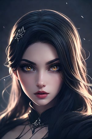 (white porcelain gothic woman upper body portrait, A girl alone, with long black hair, gazes at the viewer. Her yellow eyes are striking, lips slightly parted. She wears a hair ornament, and her makeup accentuates her eyelashes and the realistic portrayal of her features in this portrait), detailed textures, High quality, high resolution, high precision, realism, color correction, proper lighting settings, harmonious composition, Behance works,more detail, less detail,DarkTheme,GothGal,Niji