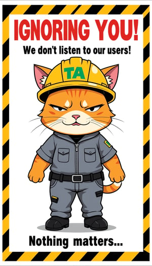 The cartoon-style safety warning poster features an orange-furred cat as the central character, wearing a yellow helmet. In the center of the helmet, the word "TA" is written in bold, eye-catching green letters. The cat has one eye closed, winks, the left corner of its mouth is turned up, and its tongue is sticking out, giving the impression of a mocking gaze. It wears a grey uniform with a zipper down the front, two black-outlined chest pockets, a black belt with a silver buckle, and black shoes. The cat's inner ears and nose are pink. The character stands in the center of a plain white background. At the top of the image, in large red letters, it says "IGNORING YOU!", and below the cat, in bold black text, it says "We don't listen to our users!" The text is written in a simple sans-serif font and is horizontally centered. On either side of the cat, there are black and yellow diagonal warning stripes framing the composition. The image is gamma balanced, high contrast and vibrant saturation, making all elements stand out clearly. In the bottom left corner, there is a white vertical text overlay that reads, "Nothing matters..." The overall mood of the poster is playful yet serious, emphasizing safety with a cartoonish yet informative design.