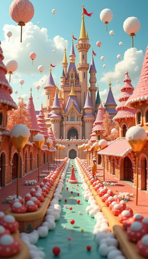 In the distance, a majestic castle made of towering gingerbread rises above the skyline, adorned with gumdrop towers and licorice turrets. A sugary river of caramel winds through the heart of the city, with marshmallow boats gently floating on its surface. The trees in this fantastical world are tall, swirled lollipops and candy corn, with cotton candy clouds hanging low in the sky. Children made of sugar and sweet confections play along the streets, holding candy balloon animals that hover in the air, weightless,VNS_Add more details