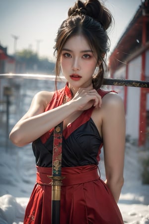 1girl,Sweet,, ,full body ,large breasts,The background is winter,snowy garden,1 girl,beautiful girl,Female Samurai, Holding a Japanese Sword, shining bracelet,beautiful hanfu(white, transparent),cape, solo, {beautiful and detailed eyes}, calm expression, natural and soft light, delicate facial features,very small earrings, ((model pose)), Glamor body type, (dark hair:1.2),  beehive,long ponytail,very_long_hair, hair past hip, curly hair, flim grain, realhands, masterpiece, Best Quality, photorealistic, ultra-detailed, finely detailed, high resolution, perfect dynamic composition, beautiful detailed eyes, eye smile, ((nervous and embarrassed)), sharp-focus, full_body, sexy pose,cowboy_shot,Samurai girl,glowing forehead,lighting, Japanese Samurai Sword (Katana),girl,_Delha,xuer ai yazawa style girl